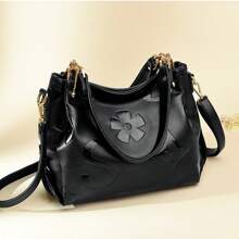 黑色字母凸花紋女士肩背包,設有拉鍊和柔軟皮革,在寬敞的空間裡可以掛在肩上,適合女性日常使用 - 黑色 - 查看 5