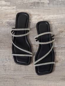 Sandalias Planas Antideslizantes De Doble Uso Con Decoración De Diamantes De Imitación Para Primavera/verano Para Fiesta Al Aire Libre Para Mujer En Negro - Negro - Ver 4