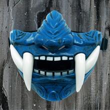 1pc Creative Hannya Half-Face Horror Mask Anime-Inspired Realistic Tiger Teeth Masquerade Mask For Life Parties, Cosplay, And Performance - Blue - View 1