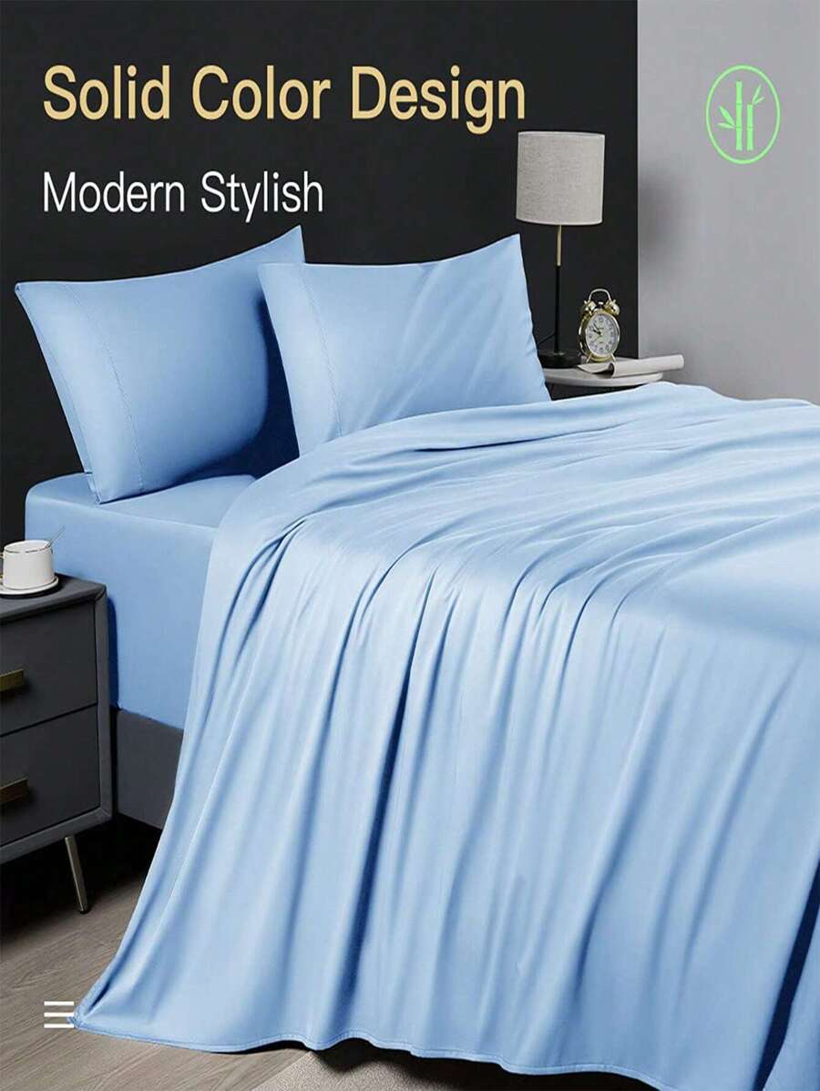 Bamboo Bed Sheets Set 4 Piece, 1800 Thread Count Super Silky Soft Sheet, 16 Inch Deep Pocket Breathable Sheet Set, Machine Washable- King/Queen - Lake Blue - View 1