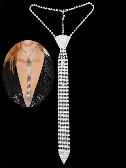 1pc Fashionable Elegant Bow-tie Style Necklace/rhinestone Inlaid Long Chain Necklace/wedding Accessory For Women