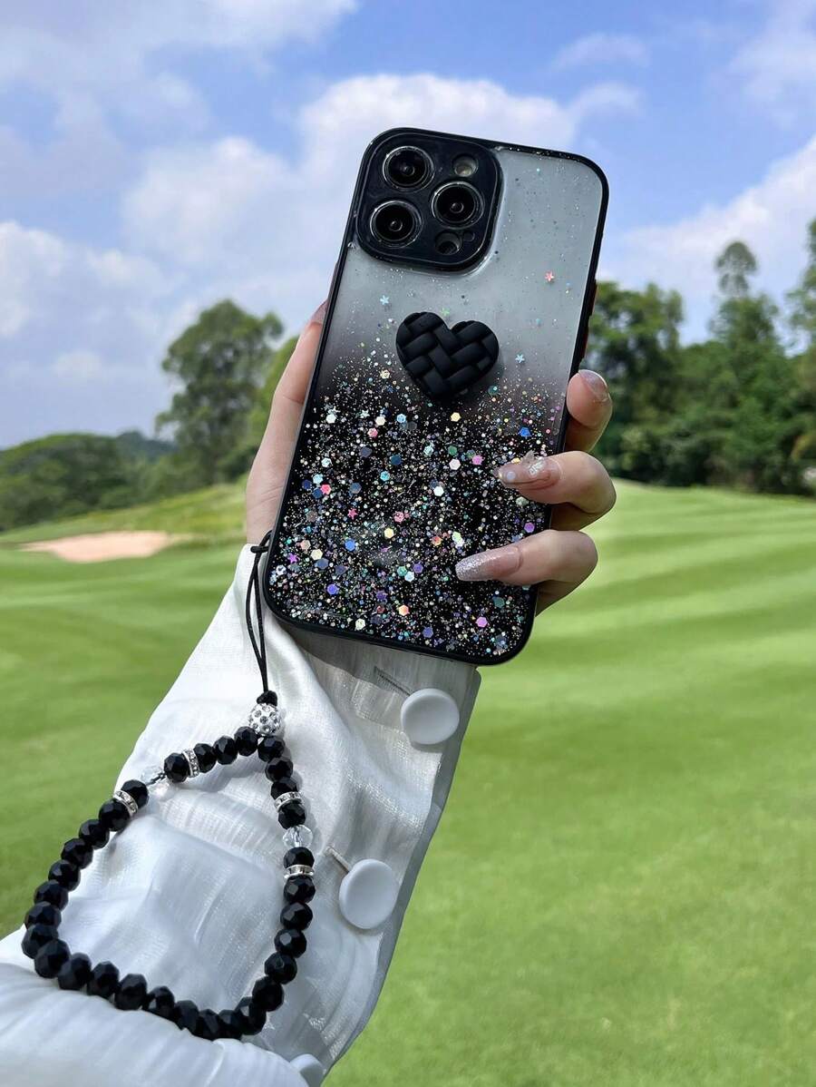 情人节 Y2K 奢华亮片装饰手机壳带心形设计手镯保护套适用于 iPhone16 Pro Max 15 14 Plus 13 12 11 Pro Max 7 8 Plus SE - 黑色 - 查看 1