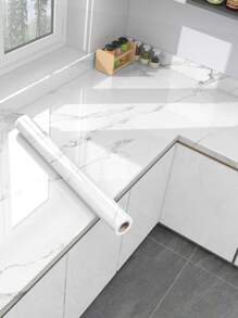 1pc White Marble Pattern Kitchen Oil-Proof Sticker, Waterproof Self-Adhesive Wallpaper, High-Temperature Resistant Countertop & Cabinet Renovation Paper, Transparent Electrostatic Protection Film, Cabinet Door Protective Sheet, Stickers, Wall Decal, Vinyl Decal For Home Decorations, Spring Decoration Items Refresh Your Home, Rama Decoration Stickers Gifts Birthday Graduation - White - View 3