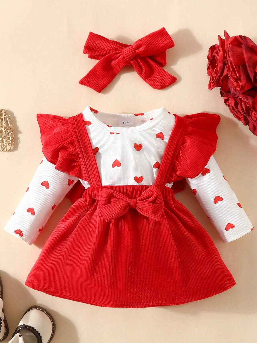 3-teiliges Valentinstag Outfit-Set für Baby Mädchen, Langarm-Bodysuit mit Herzen, Cord-Rüschen-Latzkleid und Stirnband - Weiss - Übersicht 1