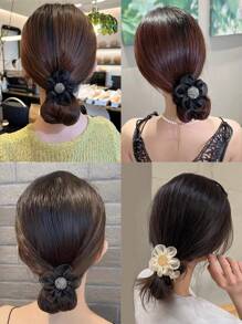 3pcs Girls' Floral Hair Accessories Set For Buns Including Beige Organza Flower Hair Elastic, Brown Flower Hair Clip, And Black Hair Tie That Are Suitable For Daily Life
