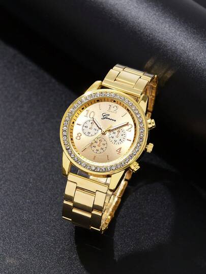 1pc Ladies Horloge Goud Ladies' /Business Alloy Quartz Movement, Rhinestones Steel Strap view 2