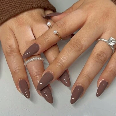 24pcs Almond-Shaped Brown False Nails Set, Fashionable Adhesive Nail Art Supplies