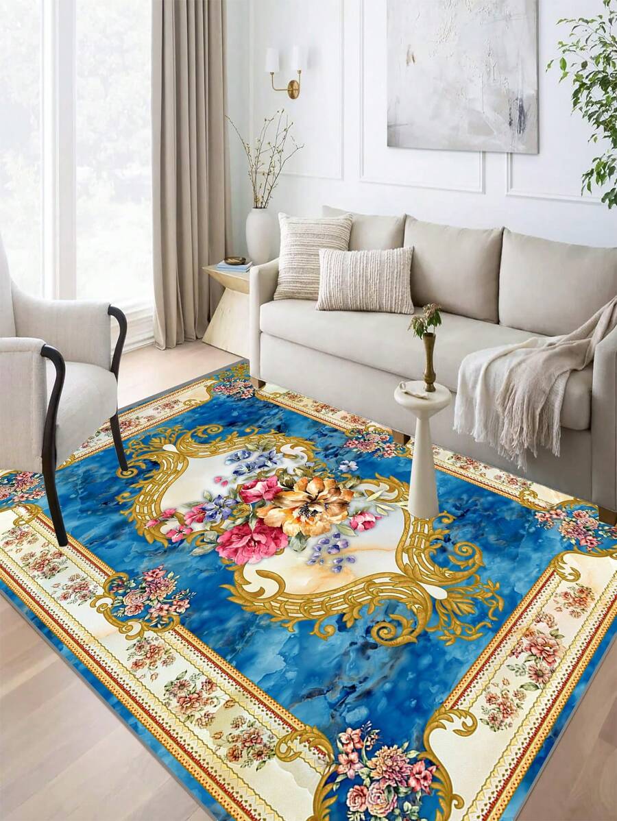 1 件現代歐式藍色圖案客廳地毯,防滑,柔軟吸水,可用於客廳、臥室和辦公室等室內外場所,可水洗 - 藍色 - 查看 1
