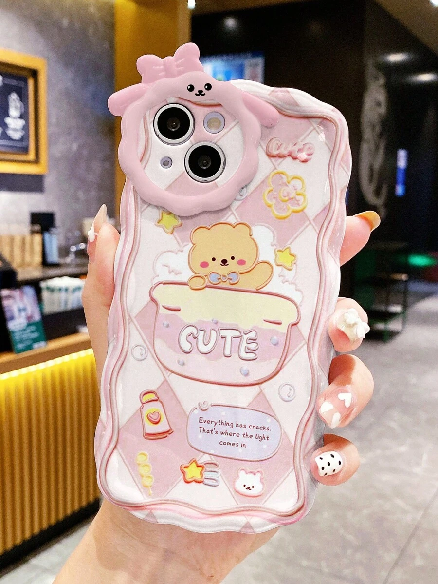 Funda de teléfono linda con patrón de oso de dibujos animados rosado, de TPU protectora compatible con Apple iPhone - Multicolor - Ver 1