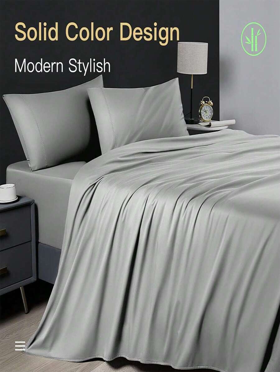 Bamboo Bed Sheets Set 4 Piece, 1800 Thread Count Super Silky Soft Sheet, 16 Inch Deep Pocket Breathable Sheet Set, Machine Washable- King/Queen - Gray - View 1