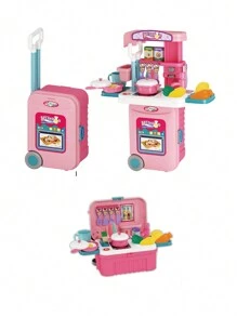 迷你 3 合 1 廚房玩具套件兒童家庭假裝廚房玩具食品套裝烹飪、玩具鍋碗瓢盆兒童廚房帶假玩具食品炊具餐具,女孩禮物粉色 - 粉色 - 查看 7