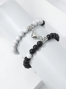 2入組天然能量石手鍊，採用心形磁扣，適用於父親節/母親節手鍊，情侶飾品/節日禮品套裝，Ins風配飾，日常佩戴，適用於海灘/復古風格 - 黑與白 - 查看 2