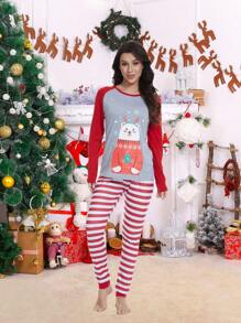 Christmas Print Striped Pyjama Set - Multicolor - View 1