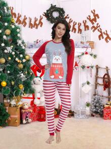 Christmas Print Striped Pyjama Set - Multicolor - View 3
