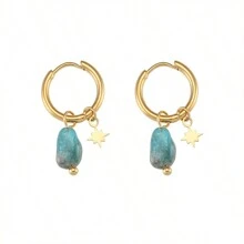 1 Pair Stainless Steel 18K Gold Plated Bohemian Style Beach Hoop Earrings With Natural Stone Eight-Pointed Star Pendant, Unique Design - Apatite - View 1