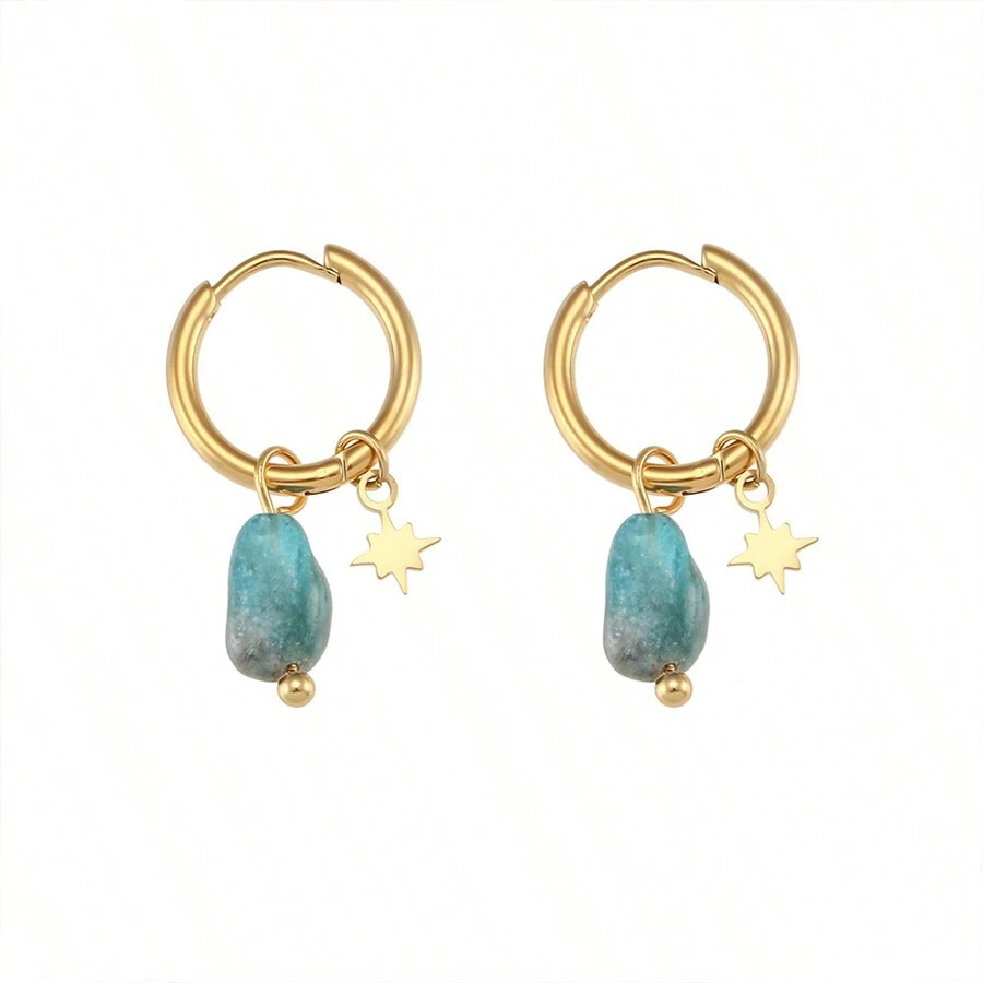 1 Pair Stainless Steel 18K Gold Plated Bohemian Style Beach Hoop Earrings With Natural Stone Eight-Pointed Star Pendant, Unique Design - Apatite - View 1