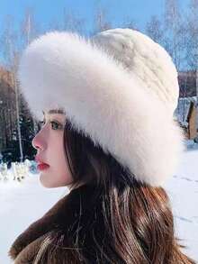1頂女式寬邊狐貍毛絨桶帽，秋冬季節，保暖護耳，日風風格，加厚雙層桶帽