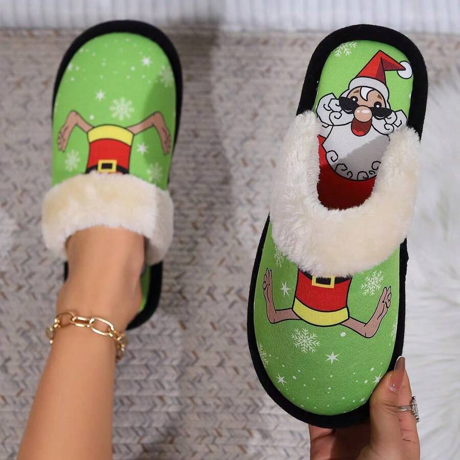 Zapatillas Cálidas Y Cómodas De Invierno Con Patrón De Caricatura Navideña Nueva 2023 - Verde - Ver 1