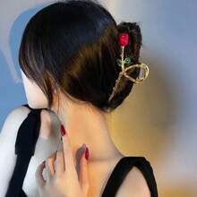 1pc Women's Metallic Red Rose Flower Hair Clamp Large Hair Claw Golden - Multicolor - View 1