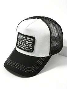 1入組透氣網眼骨架棒球帽，適合男性日常戶外活動和街頭穿搭 - 黑與白 - 查看 2