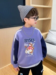 Young Boy Letter & Cartoon Graphic Mock Neck Drop Shoulder Pullover - Mauve Purple - View 3