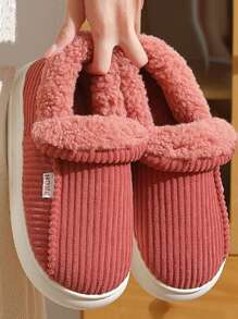 女式冬季加大號厚底絨面溫暖條紋室內拖鞋 - 紅色 - 查看 1