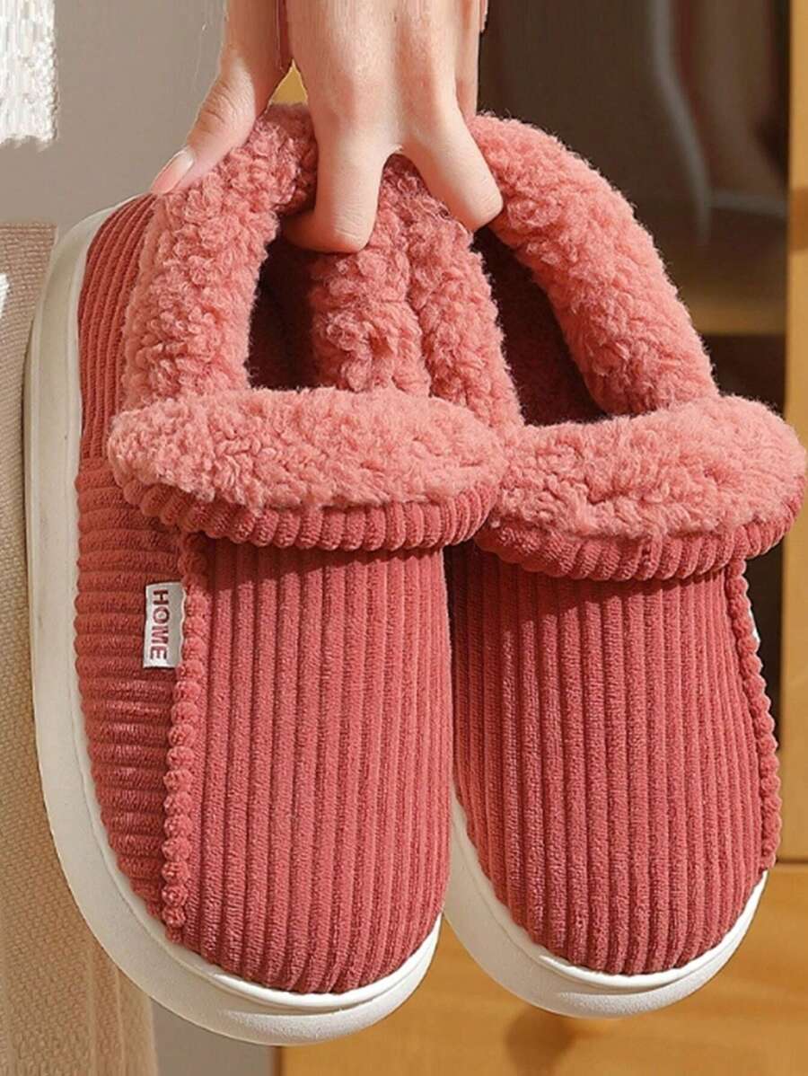 女式冬季加大號厚底絨面溫暖條紋室內拖鞋 - 紅色 - 查看 1