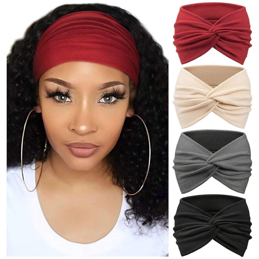 4pcs/Pack Women's Wide Solid Color Cross Tie Sports Yoga Headband, Fashionable Girl's Turban Casual,Gym Hair Band, School Stuff, College, Headbands Fall Winter Hair Accessories For Women For Vacation Outfits Woman Elegant Scarf Women Bandanas Soft Headwrap