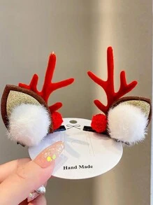 2入組兒童紅色卡通鹿角髮夾,可用於聖誕裝扮和新年的女孩髮飾 - 彩色 - 查看 2