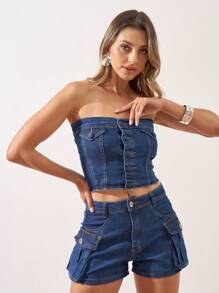 Women Denim Tops - Azul lavado oscuro - Ver 2