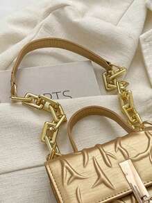 Women's Elegant Solid Color Embossed Flap Handbag, Versatile Solid Color Shoulder Bag, Suitable For Dates, Shopping, Gifts, Outings - Gold - View 4