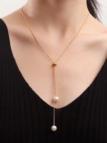 1個優雅長款可拉可調人造珍珠項鍊，具設計感，極簡百搭鎖骨鍊，頸鍊，毛衣鍊，女性時尚配飾，服裝飾品，派對禮物