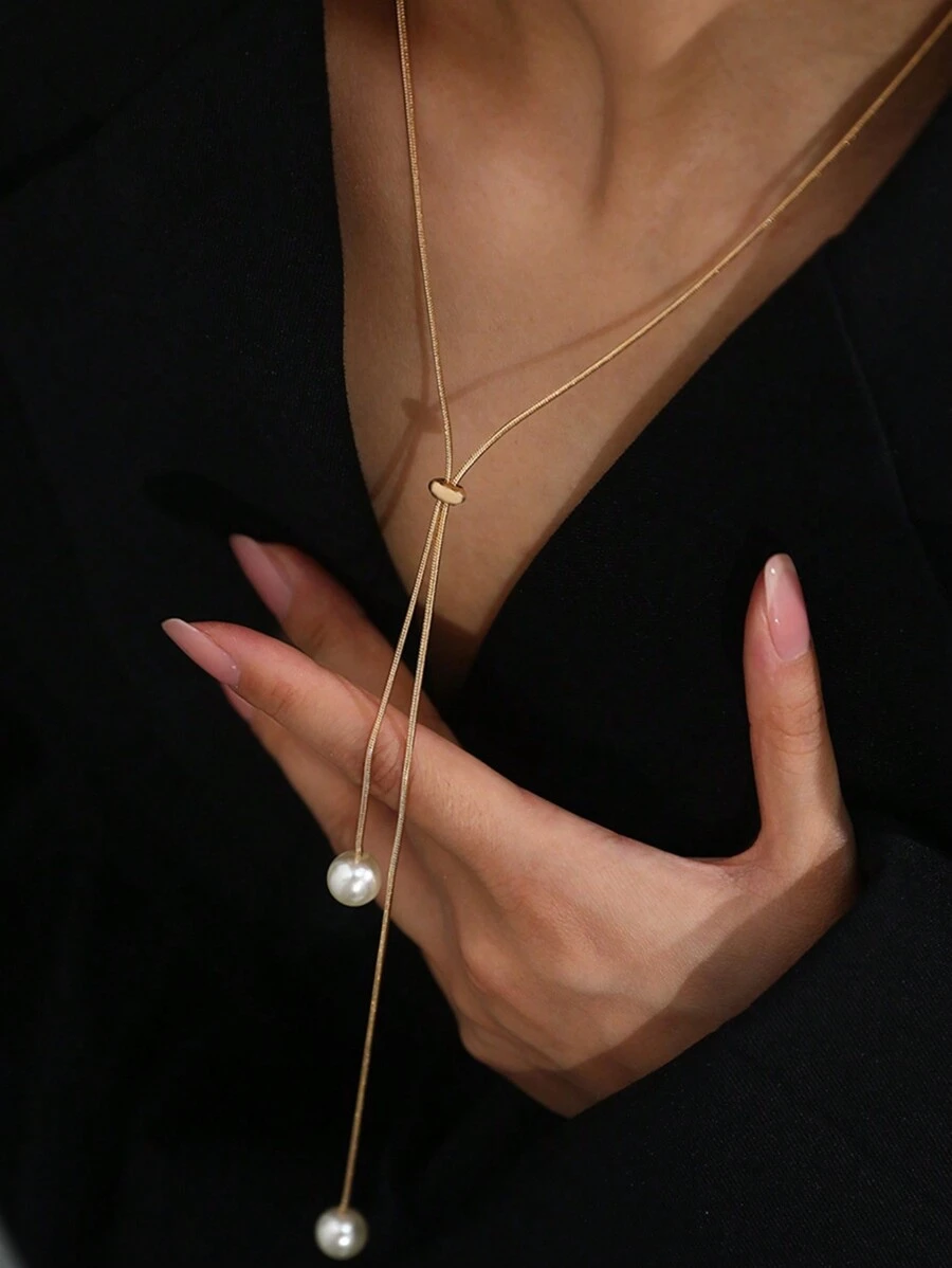 1個優雅長款可拉可調人造珍珠項鍊，具設計感，極簡百搭鎖骨鍊，頸鍊，毛衣鍊，女性時尚配飾，服裝飾品，派對禮物