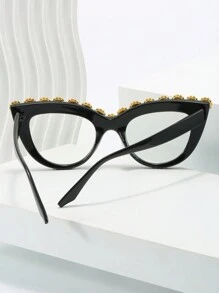 1只女士非處方經典黑色貓眼眼鏡,鑲有鑽石細節,適用於派對、跳舞和戶外活動