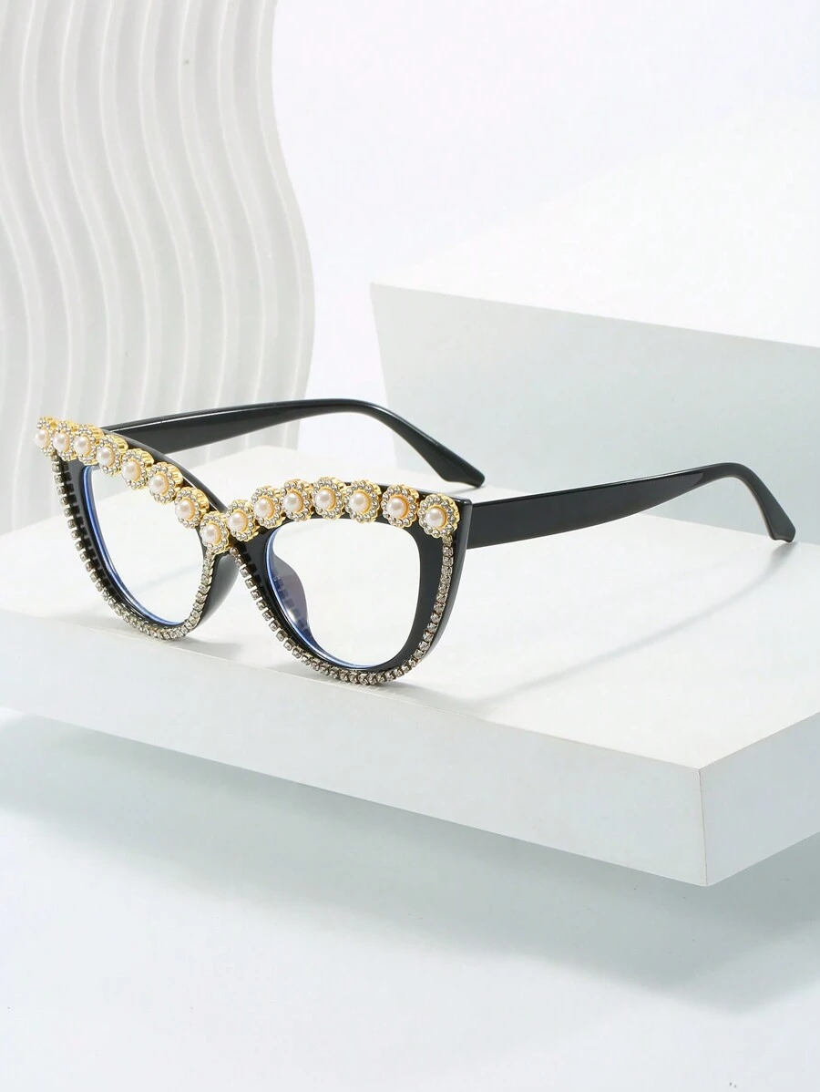 1只女士非處方經典黑色貓眼眼鏡,鑲有鑽石細節,適用於派對、跳舞和戶外活動
