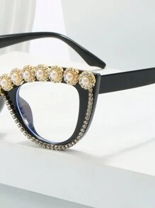 1只女士非處方經典黑色貓眼眼鏡,鑲有鑽石細節,適用於派對、跳舞和戶外活動