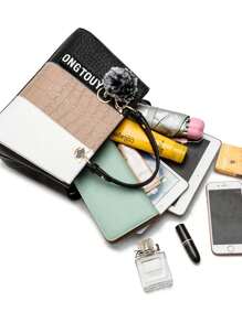 Casual Style Women's Pu Leather Shoulder Bag With Patchwork Design - Khaki - View 4