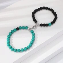2入組天然能量石手鍊，採用心形磁扣，適用於父親節/母親節手鍊，情侶飾品/節日禮品套裝，Ins風配飾，日常佩戴，適用於海灘/復古風格 - 黑與白 - 查看 14