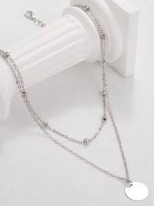 1pc Women's Double Layered Silver-tone Clavicle Necklace With Round Bead & Disc Pendant, Vintage & Simple