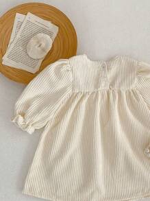 New Spring And Autumn Baby Girls' Embroidered Floral Bubble Hem Long Sleeve Ruffle Neck Dress - Apricot - View 4