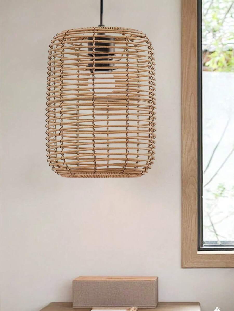 1pc Imitation Rattan Woven Hanging Lampshade Retro Practical Handmade Bedroom Restaurant Farmhouse Home Decor - Yellow - View 1