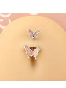 1 件 14G 肚脐环吊坠可爱粉色肚脐首饰心形透明 CZ 蝴蝶肚脐环女士肚脐穿孔棒套装情人节、妈妈、母亲、母亲节、礼物