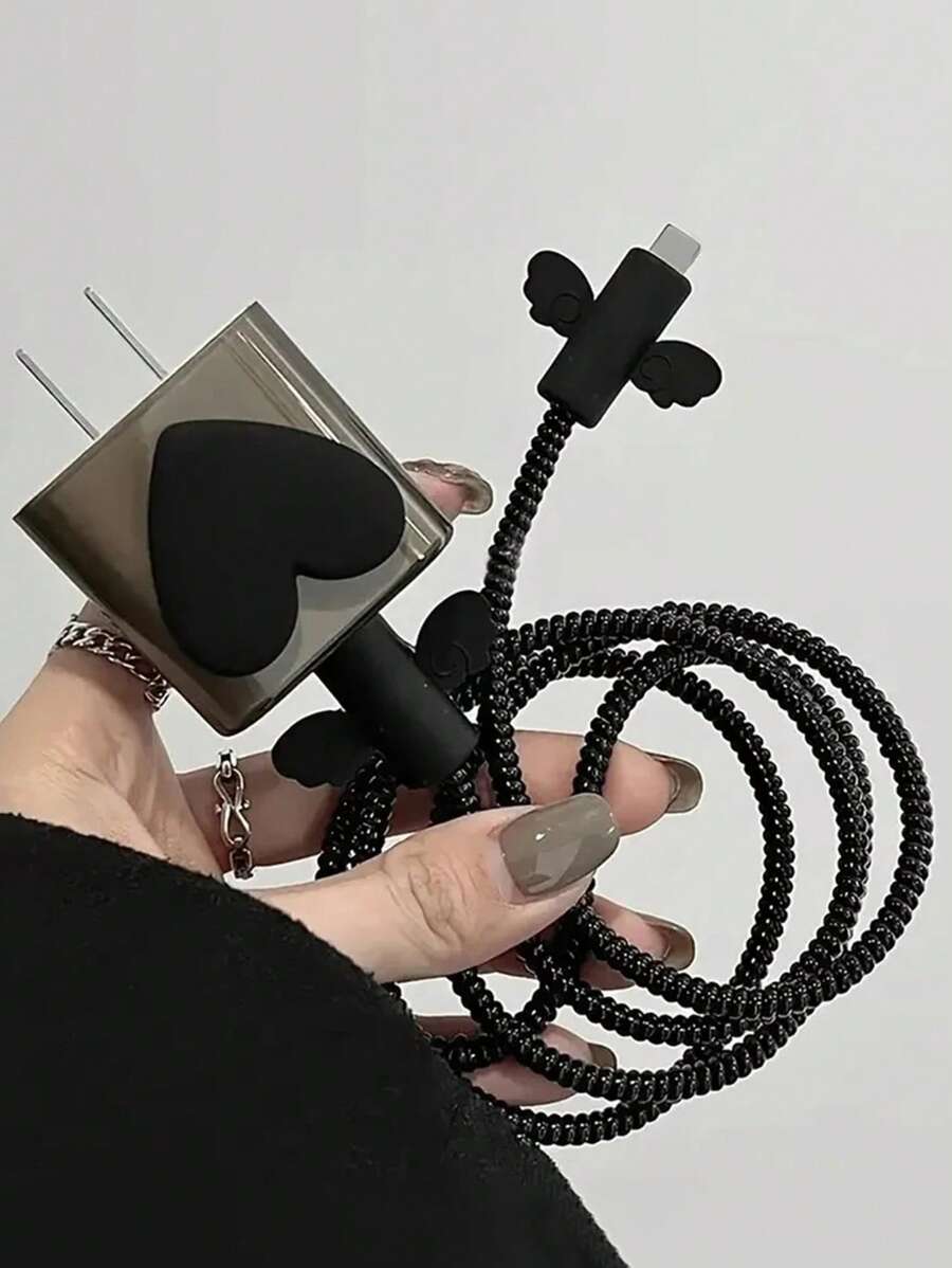 Cartoon Heart 1.5m Cable Winder, Strain Relief Design Data Cable And Charging Head Protector 5pcs/Set Compatible With Apple Devices, 20w Fast Charging Data Cable Cable Protector, Charger Protector - Black - View 1