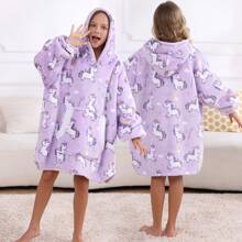 Wearable Blanket For Kids With Large Pocket, Cartoon Flannel Sherpa Oversized Blanket Hoodie, For Boys Girls - Purple Pony - View 5