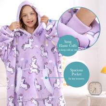 Wearable Blanket For Kids With Large Pocket, Cartoon Flannel Sherpa Oversized Blanket Hoodie, For Boys Girls - Purple Pony - View 4