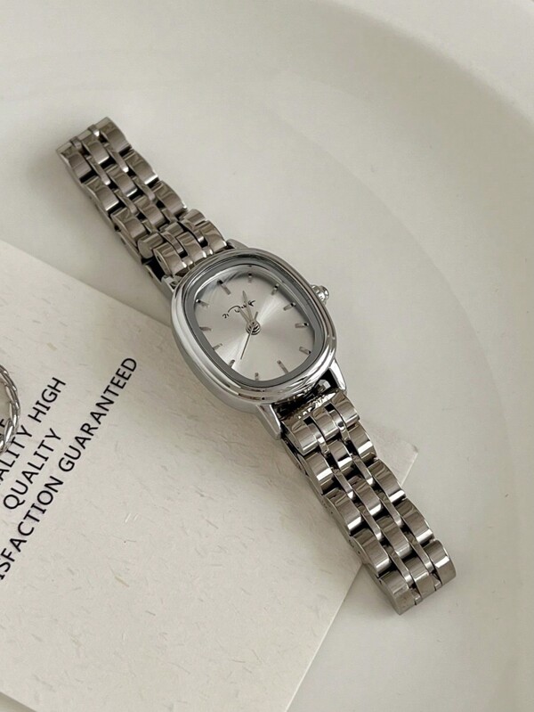 21design Silver Shell Square Case Watch With Silver Striped Dial And Steel Strap