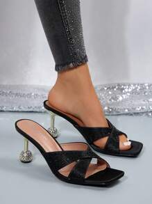 黑色水晶方頭高跟鞋，交叉帶和水鑽裝飾，優雅時尚女鞋適合雞尾酒會或聚會，人造絲鞋面和 7.5 厘米鞋跟