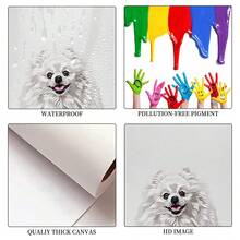 1入組12x16英寸裝框動物畫布印刷,可愛的白色波美拉尼亞狗對你微笑致意,動物藝術海報,適用於家庭辦公室客廳臥室牆壁裝飾