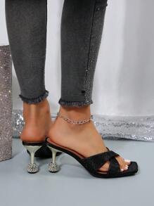 黑色水晶方頭高跟鞋，交叉帶和水鑽裝飾，優雅時尚女鞋適合雞尾酒會或聚會，人造絲鞋面和 7.5 厘米鞋跟