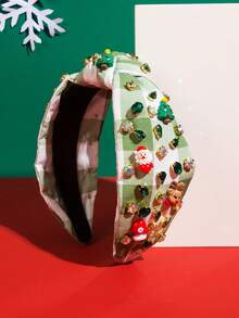 1個女士綠色格子布聖誕老人和寶石裝飾的聖誕頭帶頭飾品